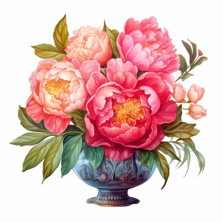 Bouquet of peonies in vase. Watercolor illustrationの素材