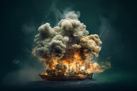 Image of industrial ship in flames and smoke on dark background. Mixed mediaの素材