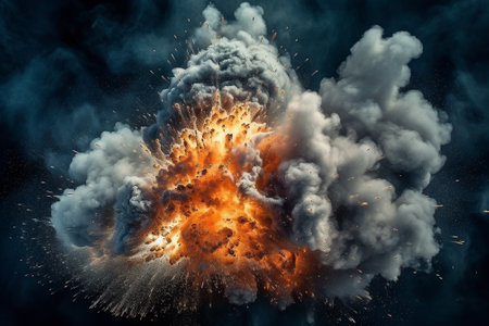 3d illustration of explosion with smoke and fire on black background.の素材