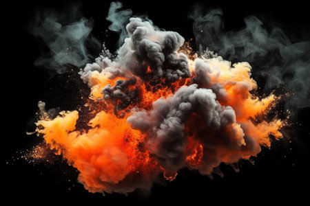 Explosion of yellow and orange smoke on black background. 3d renderingの素材