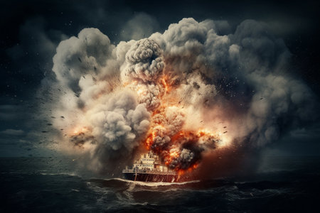Big explosion in the sea. Mixed media. Mixed media. Mixed mediaの素材