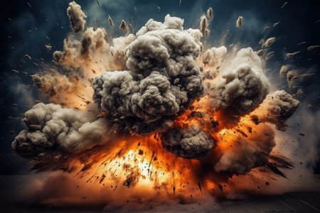 Big explosion with smoke and fire on dark background. 3d renderingの素材