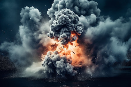 Big explosion with smoke and fire on dark background. 3d renderingの素材