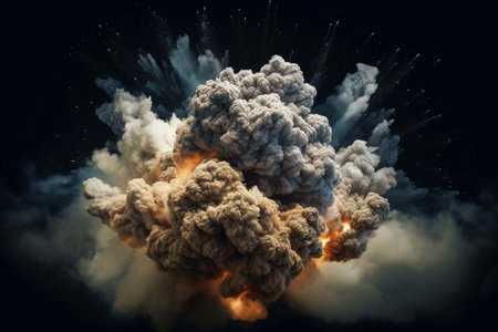 Big explosion with smoke and fire on black background. 3d renderingの素材