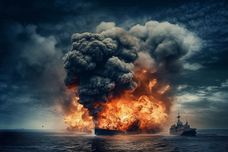 Big explosion in the sea. Disaster concept. 3D Renderingの素材