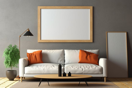 Interior of modern living room with white sofa and mock up poster, 3d renderの素材