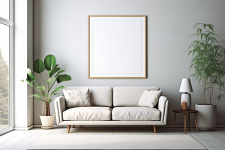 Interior of modern living room with white sofa and empty poster. Mock up, 3D Renderingの素材