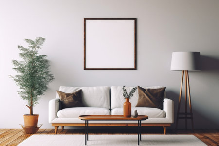 Interior of modern living room with white sofa, coffee table and mock up poster frame. 3d renderの素材