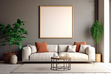 Modern interior with white sofa, coffee table and plant. Mock up poster. 3d renderの素材
