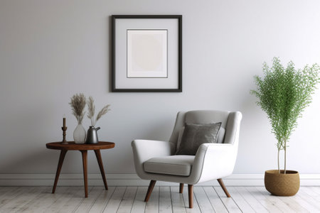Interior of modern living room with white armchair and wooden tableの素材