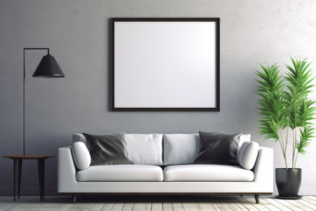 Interior with white sofa and blank poster on wall. Mock up, 3D Renderingの素材