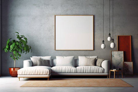Modern living room interior with white sofa and mock up poster. 3D Renderingの素材