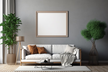 Interior of modern living room with gray sofa and mock up poster. 3d illustrationの素材