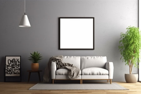 Interior of modern living room with white sofa and empty mock up poster. 3d renderingの素材