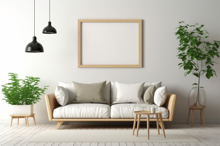 Interior living room with white sofa and wooden table. 3d renderの素材