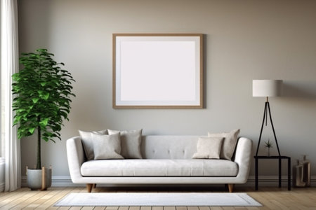Modern living room interior with mock up poster frame. 3D renderingの素材