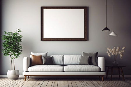 Interior of modern living room with white sofa and blank poster. Mock up, 3D Renderingの素材