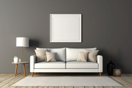 Interior of modern living room with white sofa and mock up poster - 3D Renderingの素材