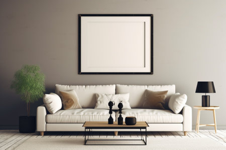 Modern living room interior with white sofa, coffee table and mock up poster frame. 3D Renderingの素材
