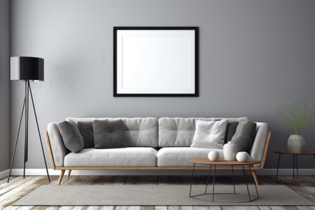 Interior of modern living room with gray sofa, coffee table and poster. 3d renderの素材