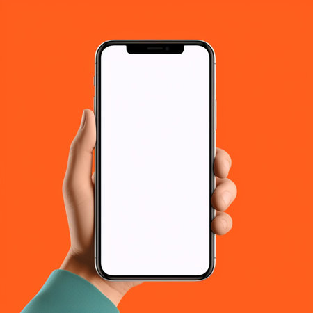 Man holding modern smartphone with blank screen on orange background, closeupの素材