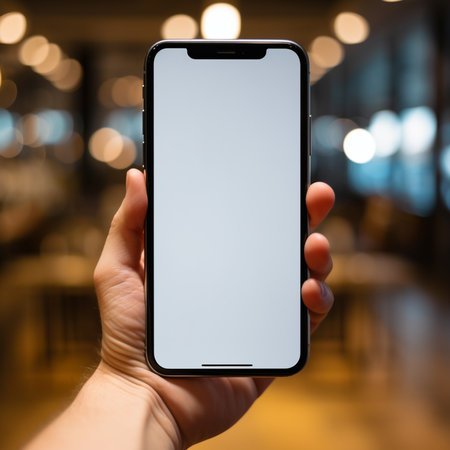 male hand holding modern smartphone with white screen on blurred background, mock upの素材