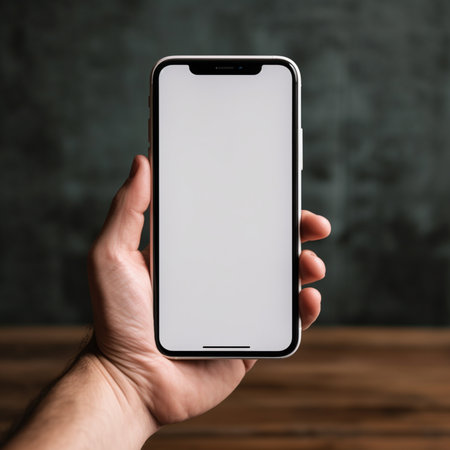 male hand holds a smartphone with a blank screen on a dark backgroundの素材