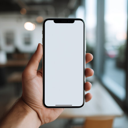 Cropped image of man holding smartphone with white screen in cafe. Mock upの素材