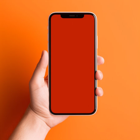 male hand holding a smartphone with a blank screen on an orange backgroundの素材