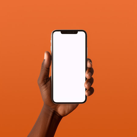 Smartphone mockup with blank white screen in human hand on orange backgroundの素材