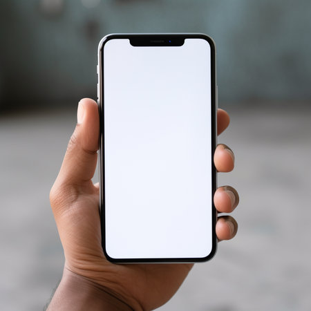 male hand holding smartphone with isolated screen on blurred background, mockupの素材