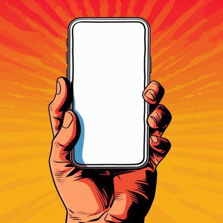 Hand holding a smartphone with white screen. Pop art retro vector illustrationの素材