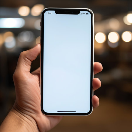 male hand holding modern smartphone with blank screen on blurred cafe background, mock upの素材