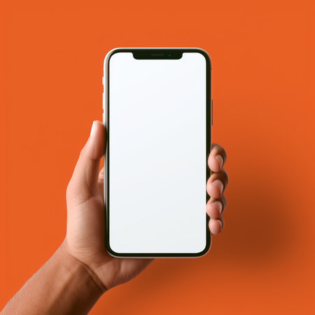 Smartphone mockup with white screen in female hand on orange backgroundの素材