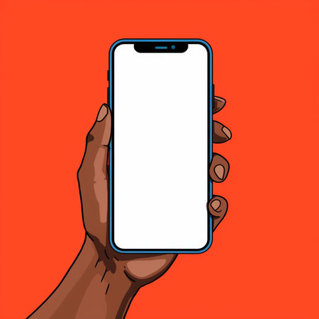 Smartphone mockup in hand on orange background. Vector illustration.の素材