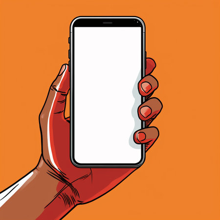Hand holding smartphone with blank screen. Vector illustration in pop art style.の素材