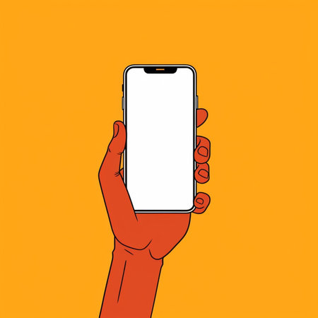 Hand holding smartphone with blank screen. Vector illustration in flat style.の素材