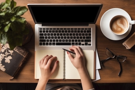 cropped view of woman writing in notebook near laptop and cup of coffeeの素材