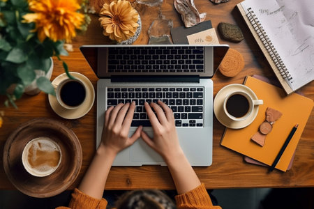 Top view of female freelancer working on laptop at table with cup of coffeeの素材