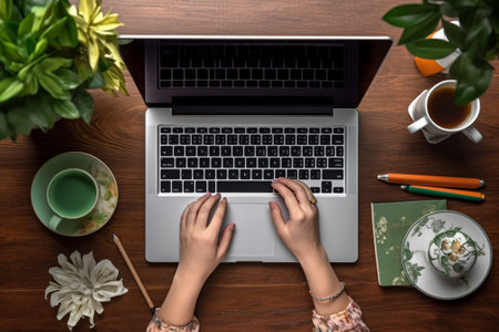 Overhead shot of female hands typing on laptop keyboard at wooden tableの素材