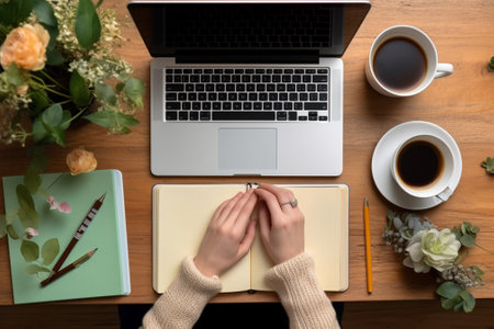 Top view of female hands writing in notebook with laptop and coffee cup on wooden tableの素材