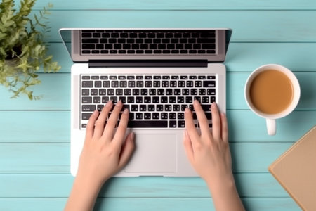Female hands typing on laptop keyboard with cup of coffee on blue wooden table, top viewの素材