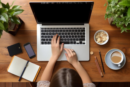 Young woman working with laptop at table, top view. Space for textの素材