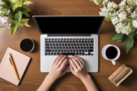 Top view of female hands using laptop with blank screen and coffee cup on wooden tableの素材