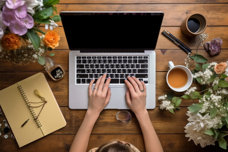 Top view of female hands typing on laptop at wooden table with flowersの素材