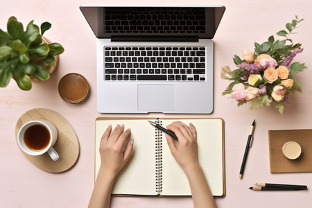 Woman writing in notebook at table, top view. Blogging conceptの素材