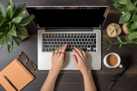 Top view of female hands typing on laptop keyboard, coffee cup, notebook, glasses and plant on wooden tableの素材