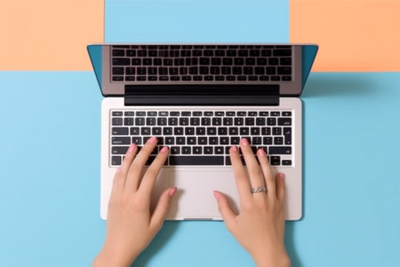 Top view of woman hands typing on laptop keyboard on colorful background.の素材