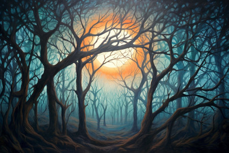 Fantasy landscape of foggy forest at sunrise. 3D illustrationの素材