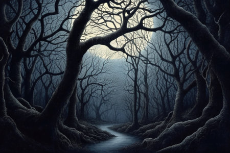 Mysterious dark forest with fog. Halloween concept. 3D Renderingの素材
